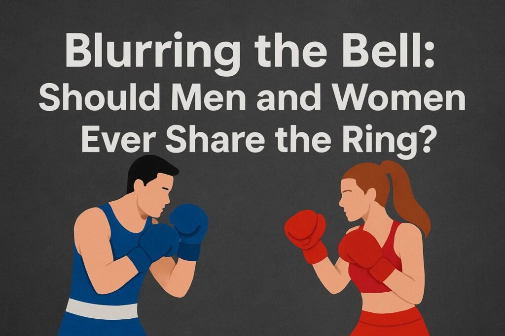 Male and female boxers facing off in the ring, representing the mixed-gender boxing debate.