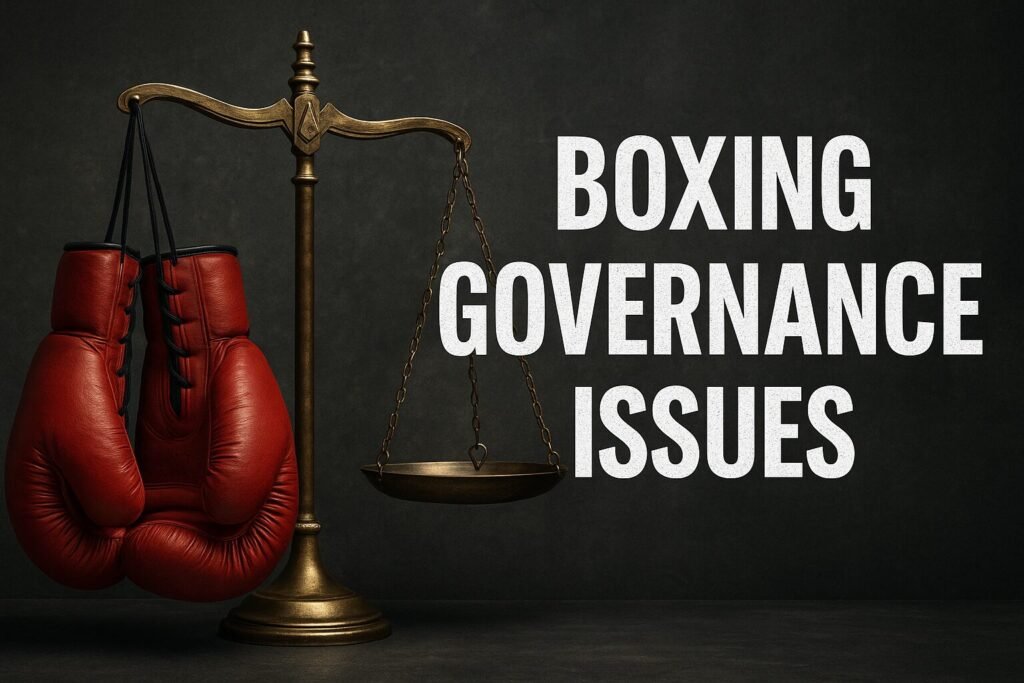 Landscape image of a brass set of justice scales with a pair of red boxing gloves hanging from one side, symbolising boxing governance issues, against a dark textured background with bold white text reading “BOXING GOVERNANCE ISSUES.”