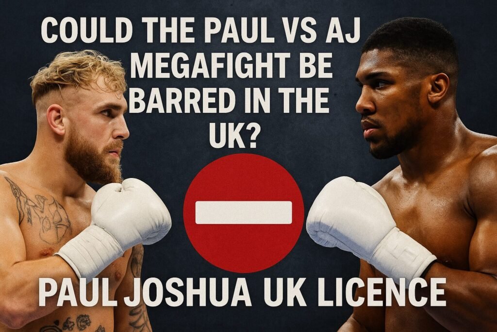Digital graphic showing stylised versions of Jake Paul and Anthony Joshua facing off with a bold “no entry” symbol between them. Above them, the headline reads “Could the Paul vs AJ Megafight Be Barred in the UK?” and below it, the subheading “Paul Joshua UK licence” in large, bold letters.