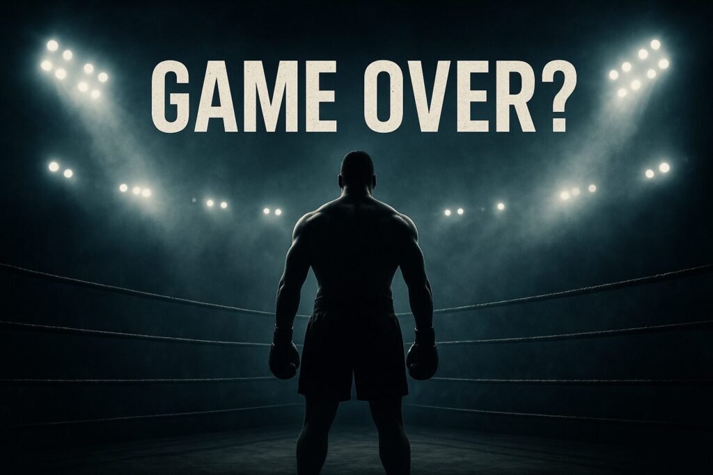 A dramatic digital landscape of a boxing ring under blinding arena lights, with a lone silhouette of a heavyweight boxer standing tall in the centre of the ring, symbolising resilience and the Joe Joyce comeback. Bold text above reads “GAME OVER?”.