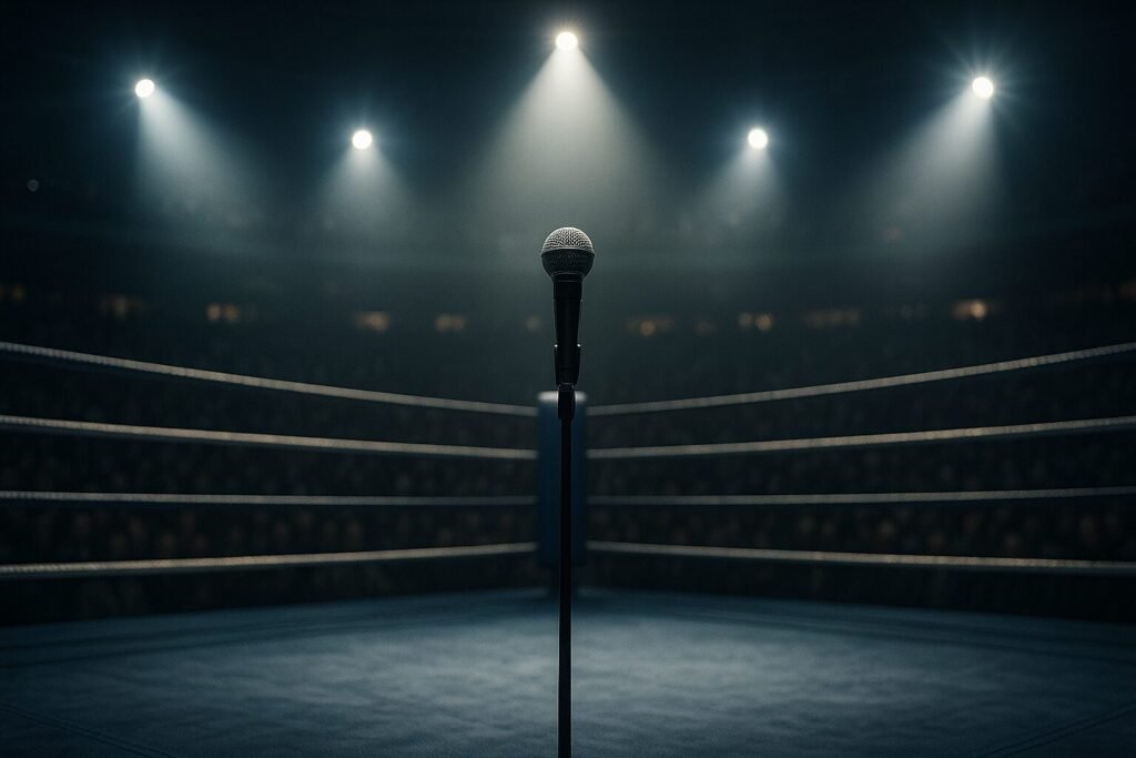 Cinematic boxing ring spotlight with microphone symbolising boxing prospect hype and media pressure.