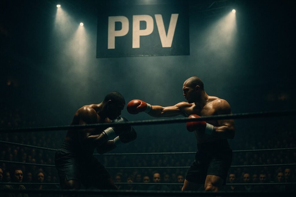 Cinematic digital artwork of a dramatic boxing pay-per-view fight, showing two fighters in the ring under a glowing “PPV” banner — symbolising the debate around boxing PPV accessibility.