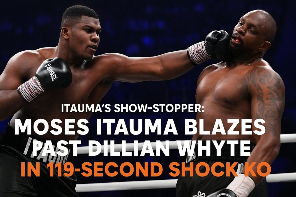 Moses Itauma lands a powerful right hook on Dillian Whyte during their Riyadh bout, with bold text overlay reading “Itauma’s Show-Stopper: Moses Itauma Blazes Past Dillian Whyte in 119-Second Shock KO”.