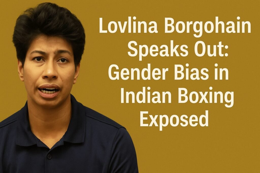 Lovlina Borgohain discrimination — digital news graphic with Lovlina Borgohain’s serious expression on the left, headline text “Lovlina Borgohain Speaks Out: Gender Bias in Indian Boxing Exposed” on a mustard yellow background.