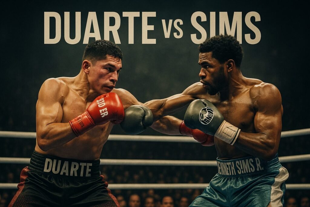 A dramatic digital image of Oscar Duarte vs Kenneth Sims Jr. mid-fight, both fighters throwing punches under cinematic lighting in a crowded boxing arena.