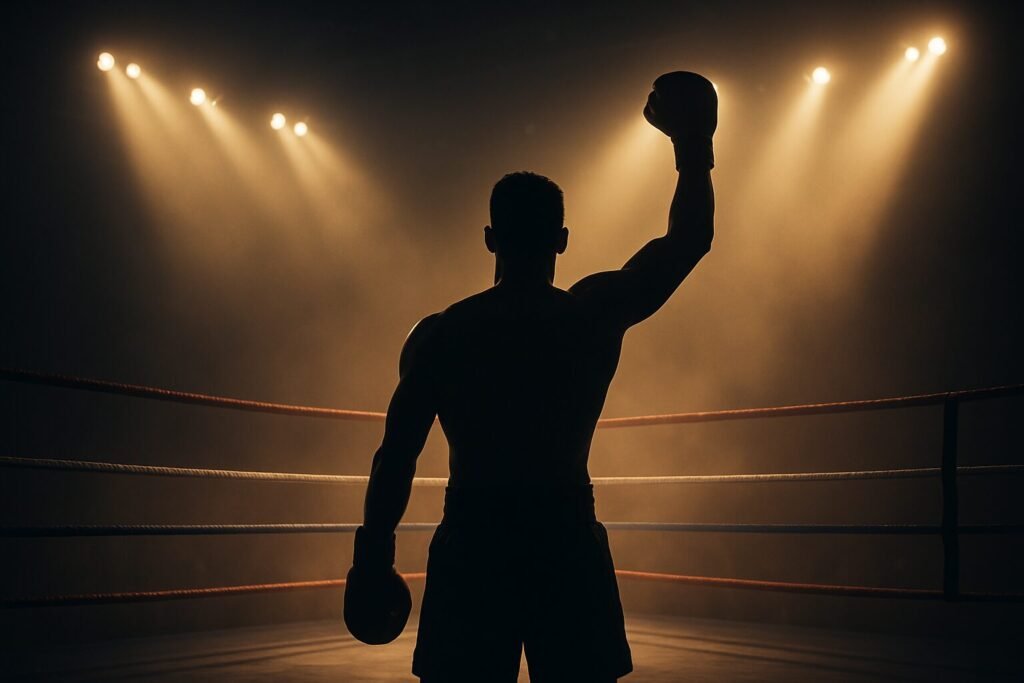 A cinematic digital image of a glowing boxing ring under golden arena lights, with a shadowy silhouette of a victorious boxer standing in the centre, one fist raised high as beams of light cut through smoke in the dramatic atmosphere.