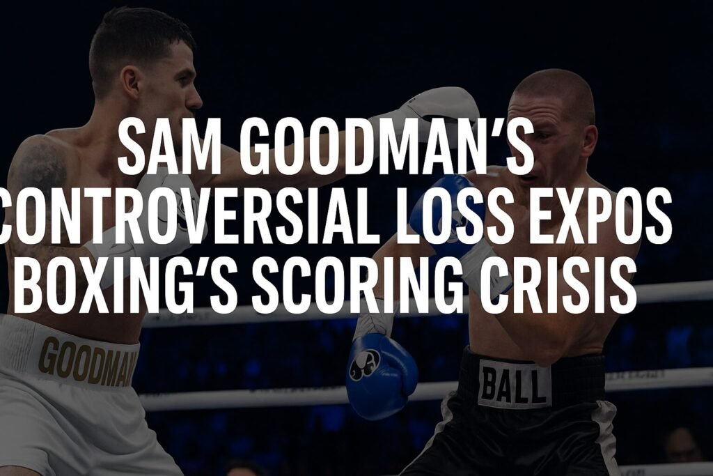 Sam Goodman vs Nick Ball boxing action with headline text highlighting a boxing judging controversy.