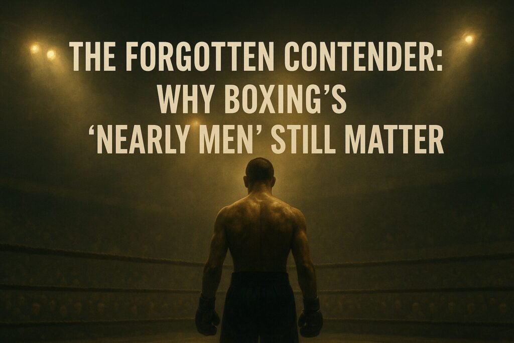 Cinematic landscape of a lone boxer in a dimly lit ring, dramatic spotlights overhead, symbolising boxing nearly men with the title text overlayed.