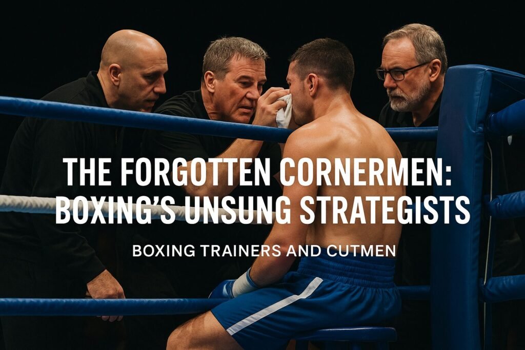 Boxing trainers and cutmen working on a seated boxer in the corner of the ring, highlighting their vital behind-the-scenes role.