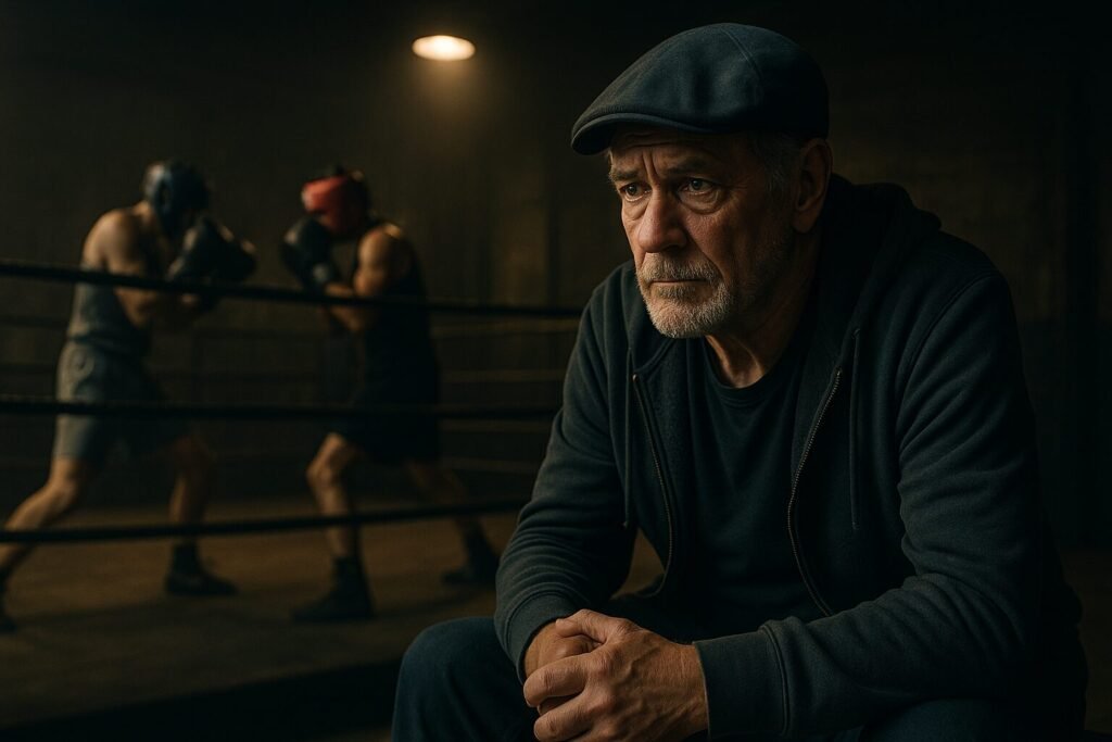 A cinematic digital image of a grassroots boxing gym, showing an older trainer watching two young fighters spar in the ring under dim, dramatic lighting — symbolising grassroots boxing support.
