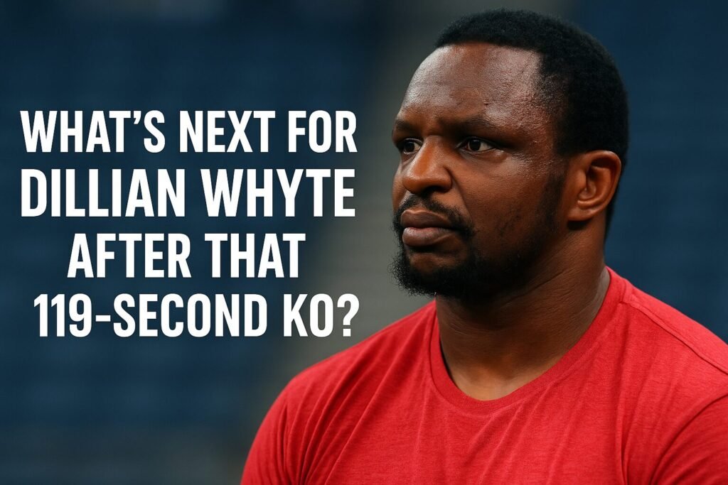Dillian Whyte looking serious in a red shirt with bold white text reading “What’s Next for Dillian Whyte After That 119-Second KO?” — symbolising uncertainty about the Dillian Whyte future after his knockout loss.