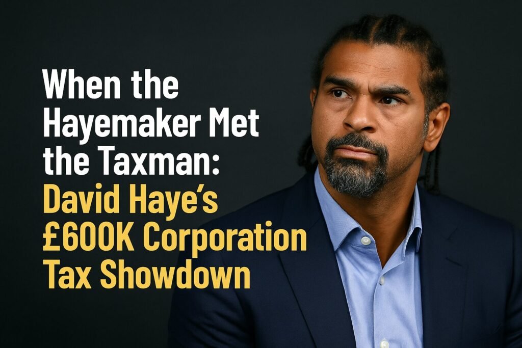 Retired British boxer David Haye in a navy suit against a dark background, with the headline text “When the Hayemaker Met the Taxman: David Haye’s £600K Corporation Tax Showdown” in bold white and yellow letters, illustrating the David Haye tax case.