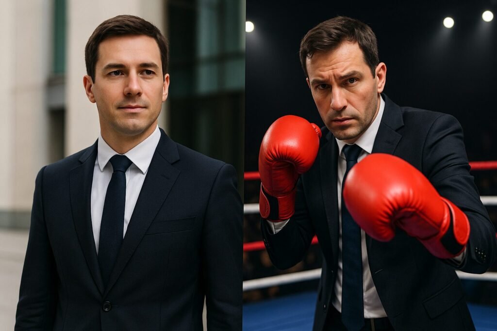 A cinematic split-image of a businessman in a suit on one side and the same man in a boxing ring wearing gloves, symbolising the white-collar boxing impact.