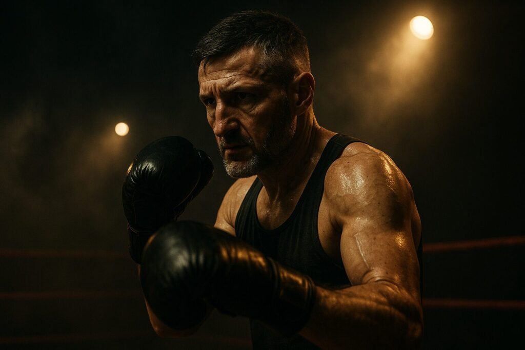 Cinematic portrait of an older boxer under dramatic lighting, symbolising the boxing comeback obsession, with sweat, gloves, and ring ropes in the background.