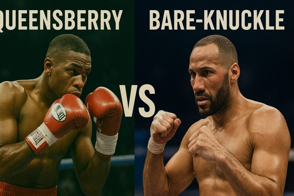 Split-screen promotional image contrasting Queensberry rules boxing versus bare-knuckle fighting, with a gloved boxer on the left and James DeGale bare-fisted on the right, separated by a bold “VS” in the middle.