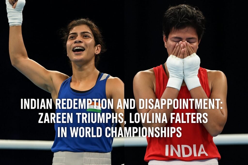 Landscape split image of Indian boxers at the World Championships: on the left, Nikhat Zareen celebrates victory in a blue vest, fist raised and smiling; on the right, Lovlina Borgohain in a red vest covers her face in disappointment. Caption text reads: “Indian Redemption and Disappointment: Zareen Triumphs, Lovlina Falters in World Championships.”