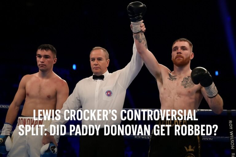 Landscape photo of Lewis Crocker with his hand raised by the referee after a split-decision win, while Paddy Donovan stands disappointed beside them, with bold white overlay text reading “Lewis Crocker’s Controversial Split: Did Paddy Donovan Get Robbed?”