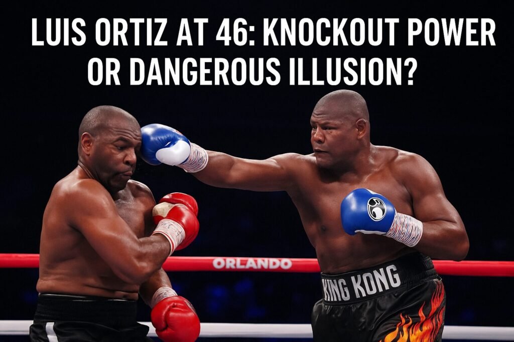uis Ortiz, wearing black trunks marked “King Kong,” lands a powerful left hook on Phillip Penson during their Orlando fight, with bold overlay text reading “Luis Ortiz at 46: Knockout Power or Dangerous Illusion?”