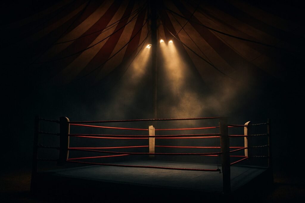 “Cinematic boxing ring under a circus big top tent, lit dramatically with spotlights cutting through smoke, symbolising boxing as a circus spectacle.”