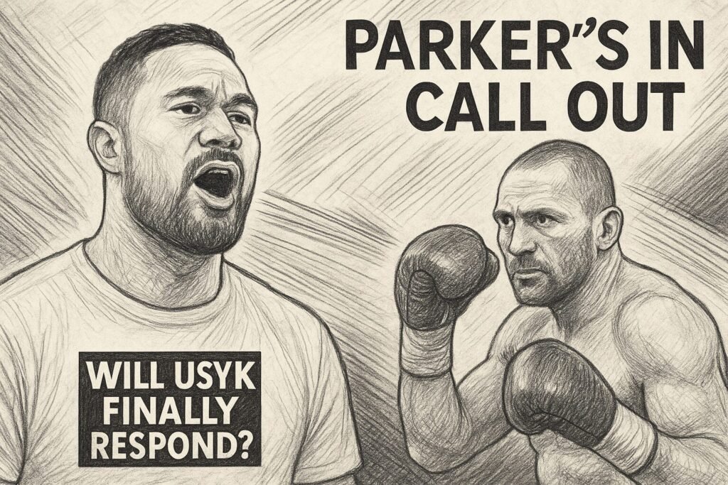 A dramatic sketch-style illustration showing Joseph Parker calling out Oleksandr Usyk. Parker is drawn mid-shout with the words “Will Usyk finally respond?” on his shirt, while Usyk stands in a boxing stance opposite him. The artwork captures the humour and intensity of the Parker Usyk call-out.