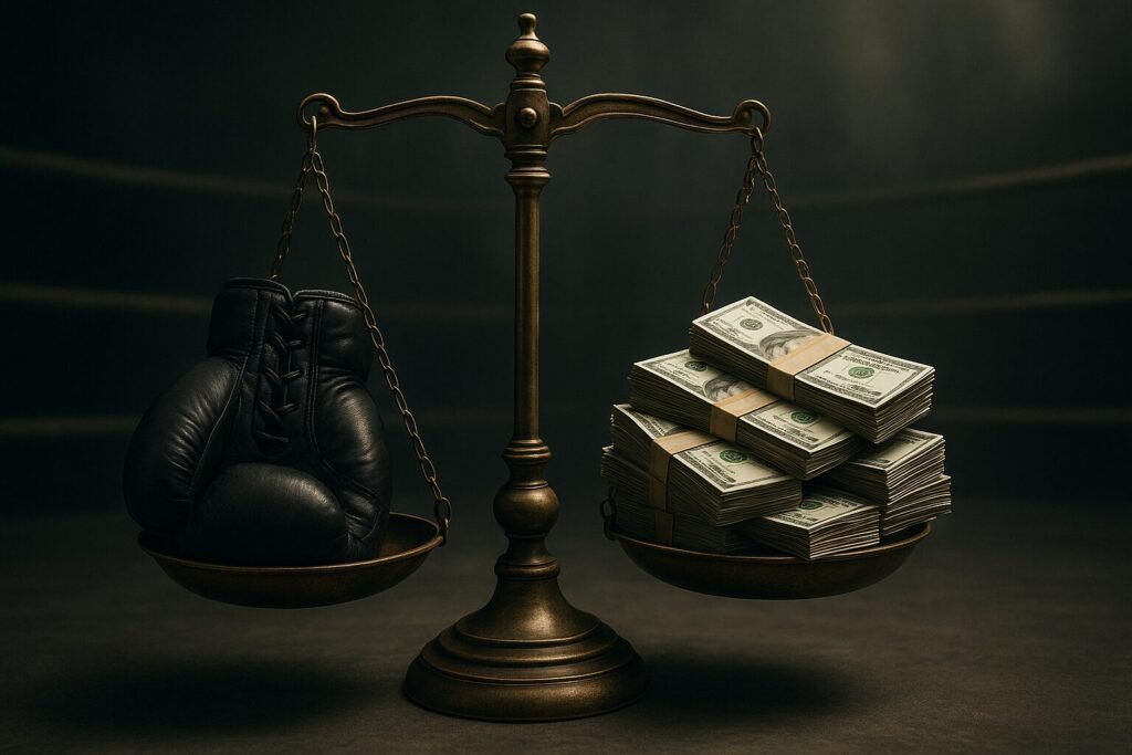 A brass balance scale inside a dimly lit boxing ring, one side holding black leather boxing gloves, the other side stacked with bundles of cash, symbolising the tension between sport and money in boxing rankings.