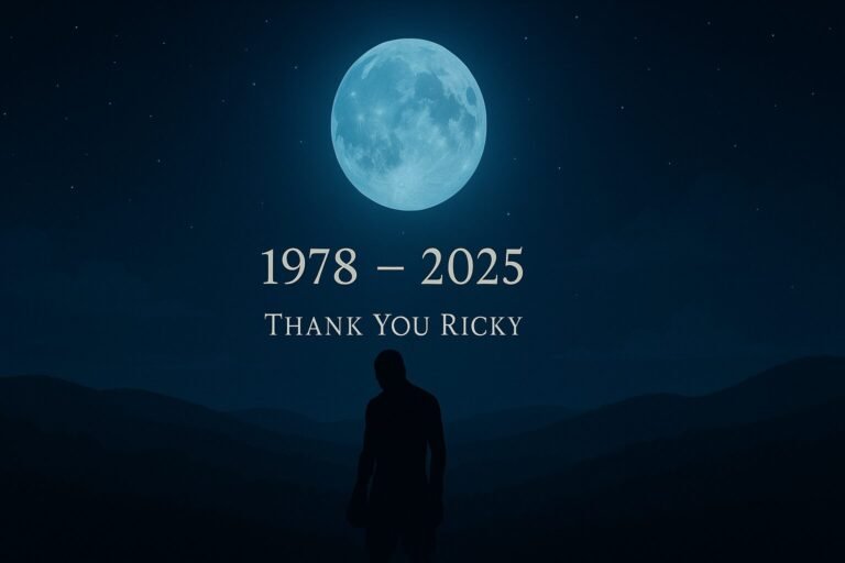 A respectful tribute illustration showing a glowing blue full moon above dark rolling hills, with a subtle silhouette of a boxer standing in the foreground. The text reads “1978 – 2025” and “Thank You Ricky” in white beneath the moon.