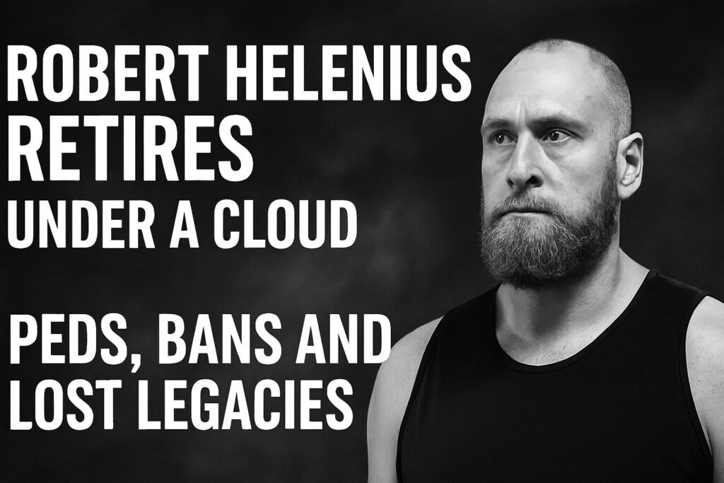 Black-and-white portrait of Robert Helenius against a dark background with bold white text reading “Robert Helenius Retires Under a Cloud – PEDs, Bans and Lost Legacies,” conveying a somber tone.