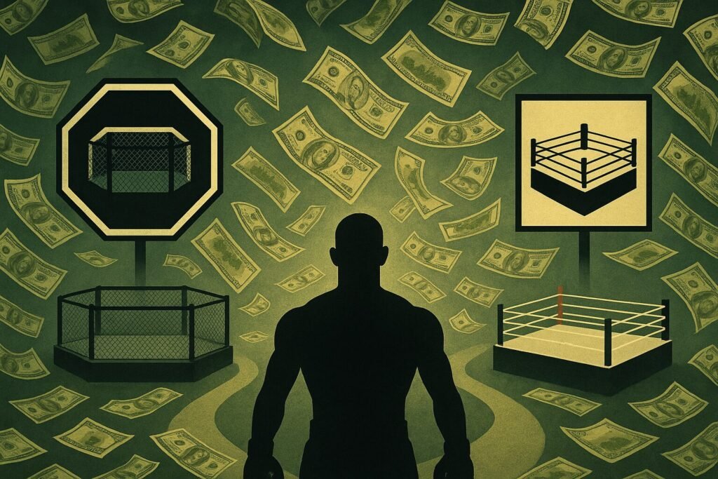 A silhouette of a fighter stands at a crossroads with two paths: one leading to an MMA octagon, the other to a boxing ring, both surrounded by floating dollar bills, symbolising the lure of money in crossover fights.
