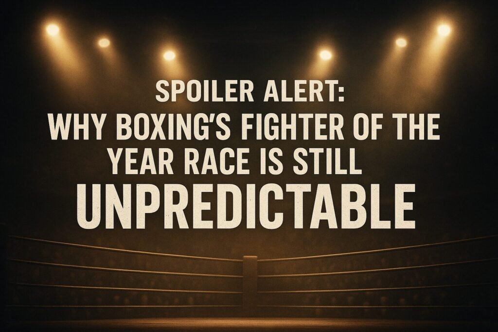 Cinematic boxing feature image showing a dimly lit ring under dramatic spotlights with bold text reading “Spoiler Alert: Why Boxing’s Fighter of the Year Race Is Still Unpredictable.”