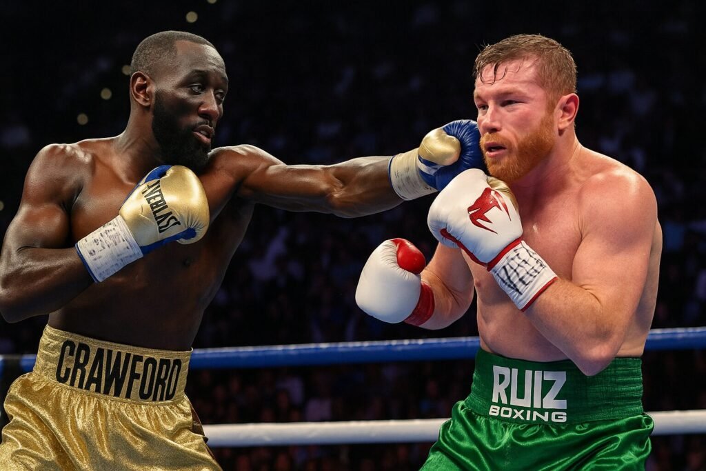 Terence Crawford lands a clean punch on Canelo Alvarez during their undisputed super middleweight title fight in Las Vegas, capturing the intensity of the bout