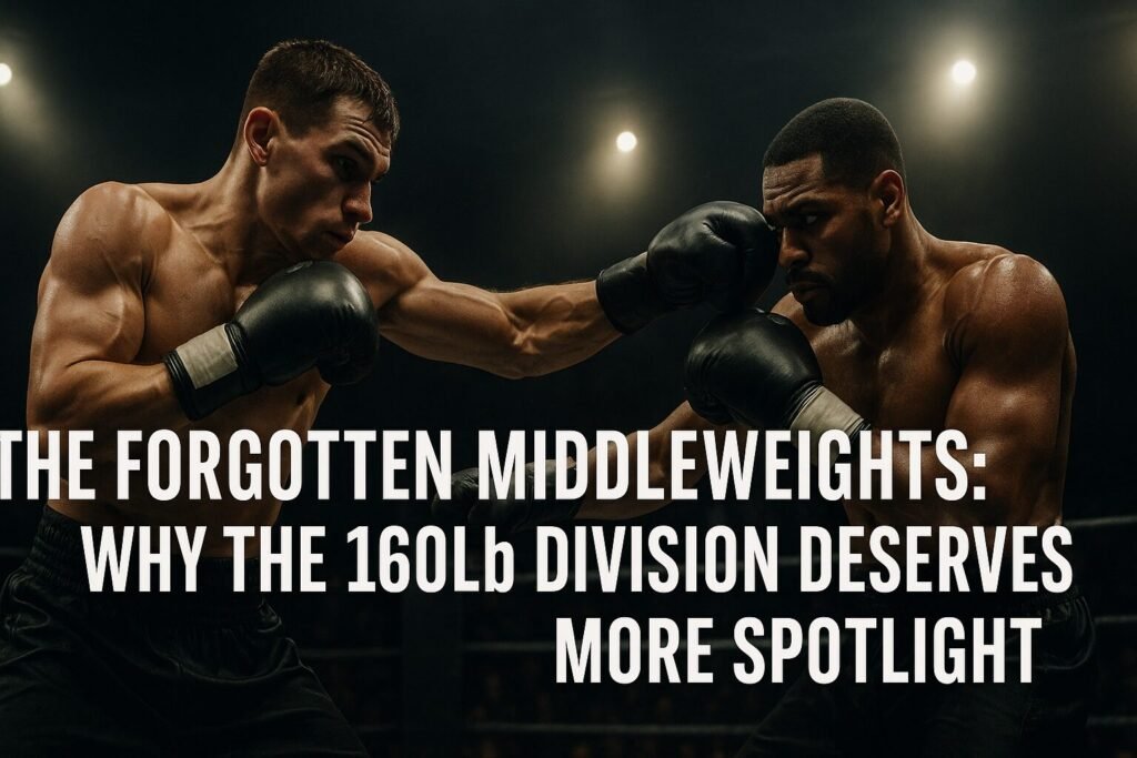 Cinematic boxing scene of two middleweight fighters under harsh spotlights in a dramatic landscape arena, symbolising the call for a middleweight boxing revival.