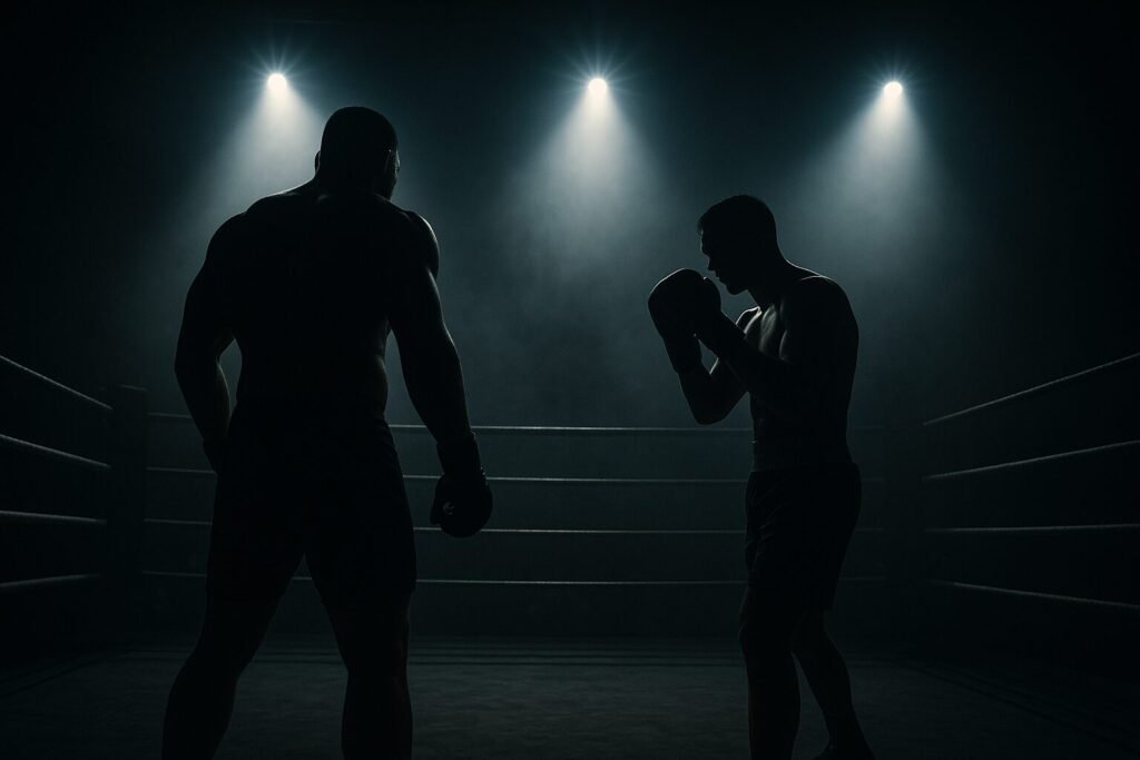 : Cinematic boxing ring under harsh spotlights with a UFC fighter’s silhouette facing off against a shadowed boxer, dramatic atmosphere with smoke and shadows.