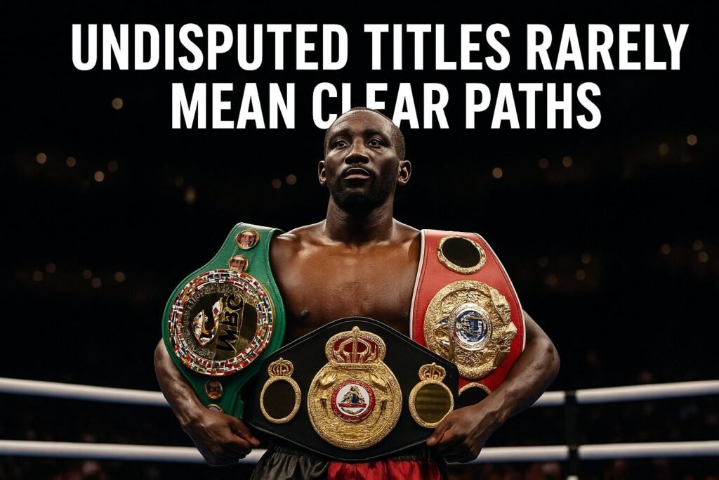 A boxer stands in the ring holding four championship belts across his chest and waist, with the headline “Undisputed Titles Rarely Mean Clear Paths” above him, symbolising the heavy burden of being an undisputed champion.