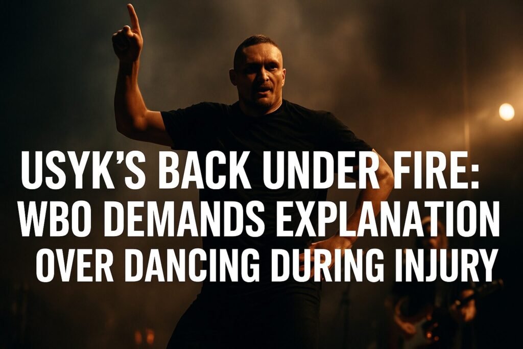 Oleksandr Usyk dancing on stage under dramatic lighting with bold text overlay: ‘Usyk’s Back Under Fire: WBO Demands Explanation Over Dancing During Injury’ – representing the Usyk WBO investigation controversy.