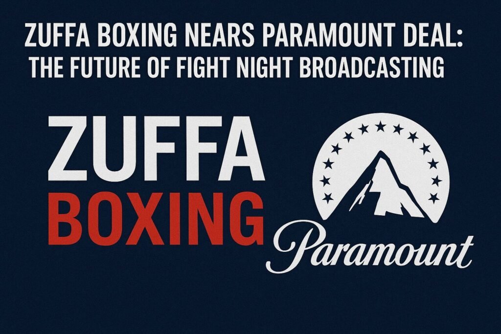 Digital graphic featuring the headline “Zuffa Boxing Nears Paramount Deal: The Future of Fight Night Broadcasting” with bold Zuffa Boxing and Paramount logos on a dark blue textured background.