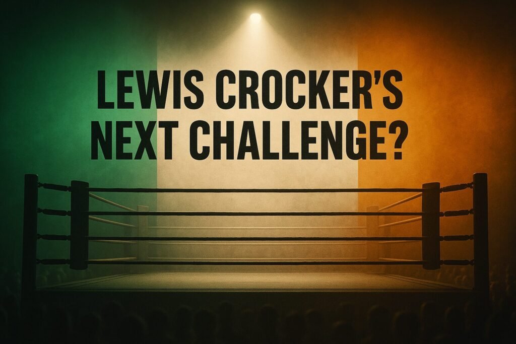 Boxing ring under spotlight with Irish flag colours in the background and bold text reading ‘Lewis Crocker’s Next Challenge?’