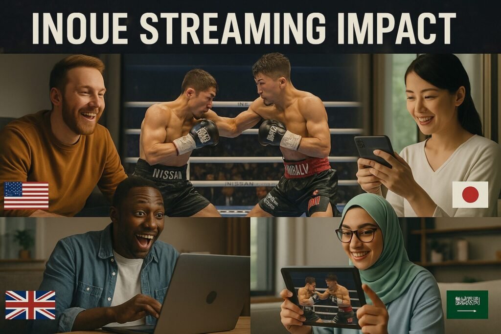 Digital collage showing global boxing fans watching Naoya Inoue’s fight on different devices, with flags of the USA, UK, Japan, and Saudi Arabia, and the title “Inoue Streaming Impact” above the action shot.