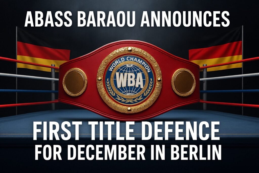 Promotional image for Abass Baraou’s first title defence in Berlin. The WBA championship belt sits proudly in the centre of a boxing ring, flanked by German flags on either side under bright arena lights, symbolising his homecoming world title defence.