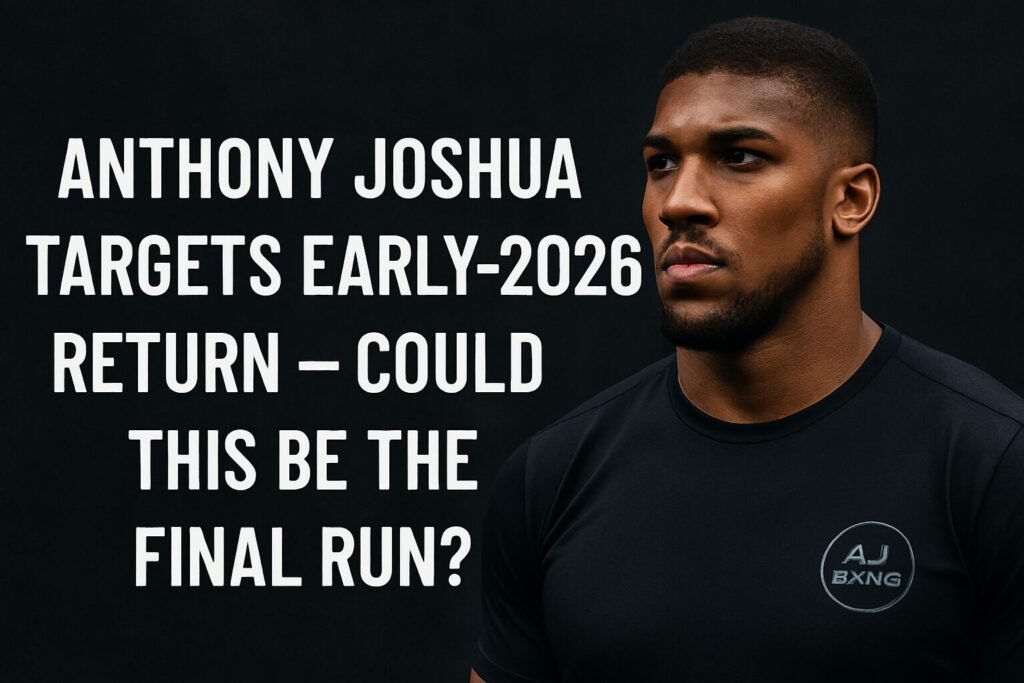Anthony Joshua stares ahead in a black training shirt under dark lighting, beside the headline “Anthony Joshua Targets Early-2026 Return — Could This Be the Final Run?” representing his comeback story.