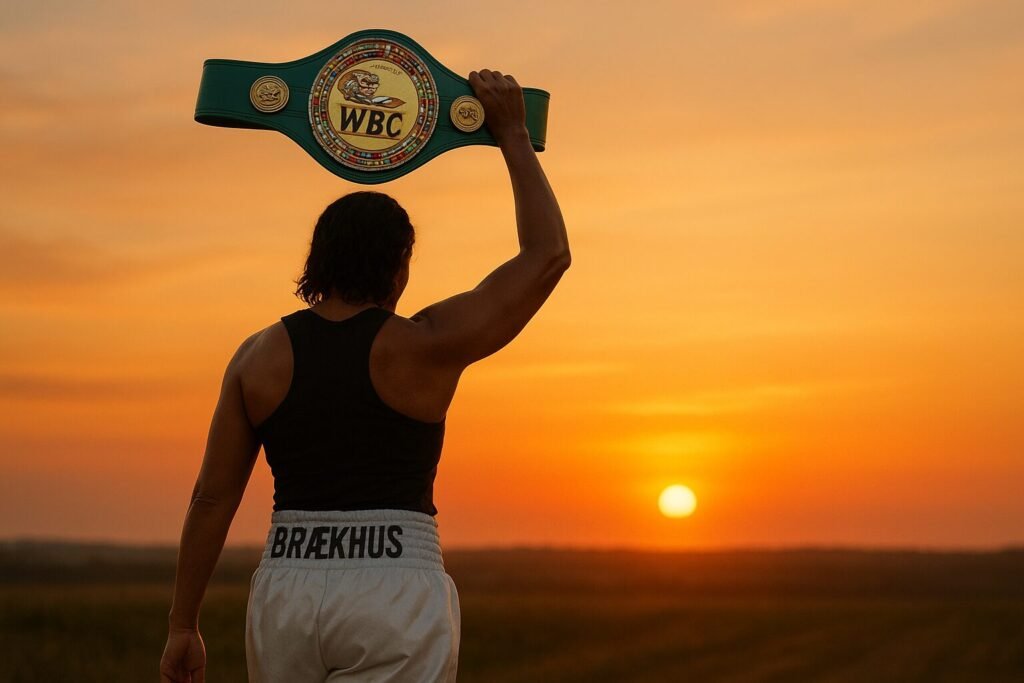 Cecilia Brækhus walking away at sunset, holding her championship belt high above her head — symbolising retirement on her own terms and leaving boxing as a champion