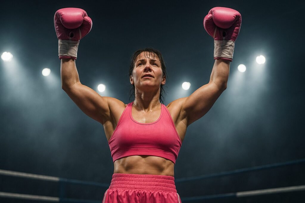 A female boxer in all pink raises her hands in victory under bright arena lights, surrounded by mist and atmosphere, symbolising triumph and resilience in women’s boxing.