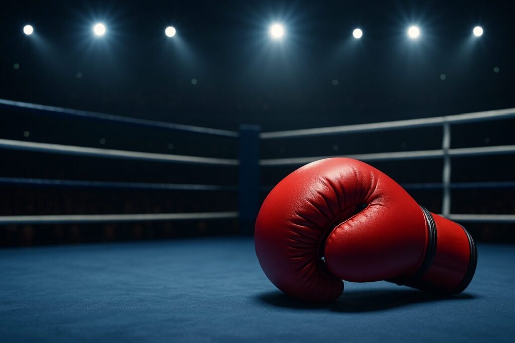 A red boxing glove lies on the canvas of a dimly lit boxing ring under bright arena spotlights, symbolising intensity and exhaustion after a hard-fought bout.