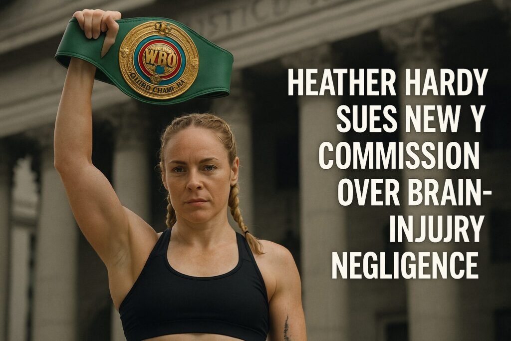 Former WBO champion Heather Hardy stands outside a courthouse holding her world title belt aloft, symbolising her lawsuit against the New York State Athletic Commission over brain-injury negligence.
