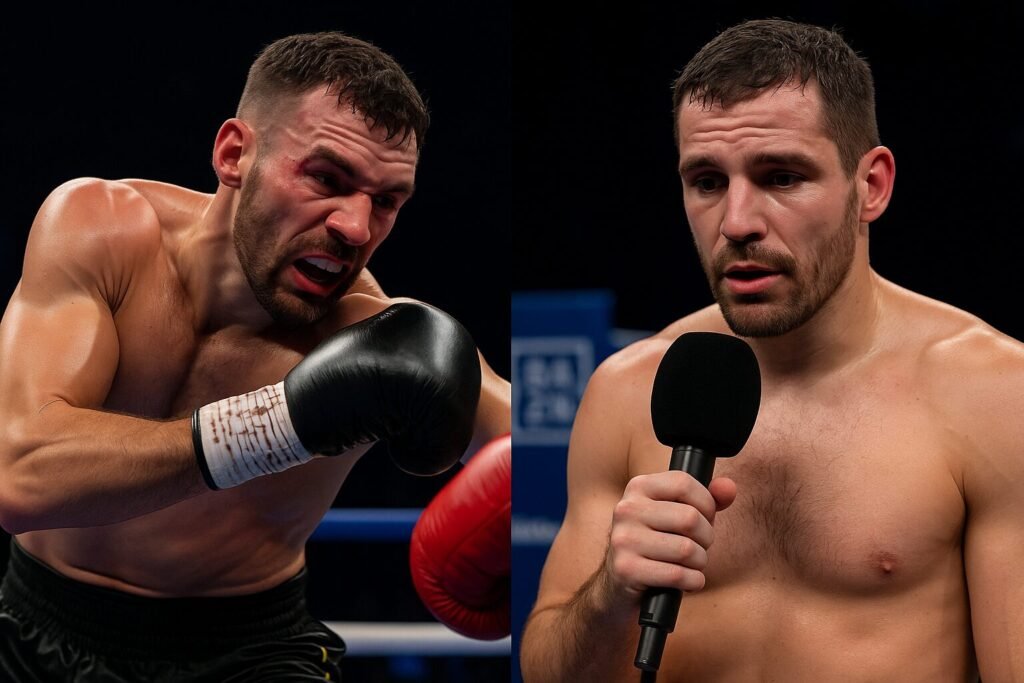 A split-screen image showing a boxer mid-fight on one side and giving a post-fight interview on the other, symbolising effort and reflection after defeat.