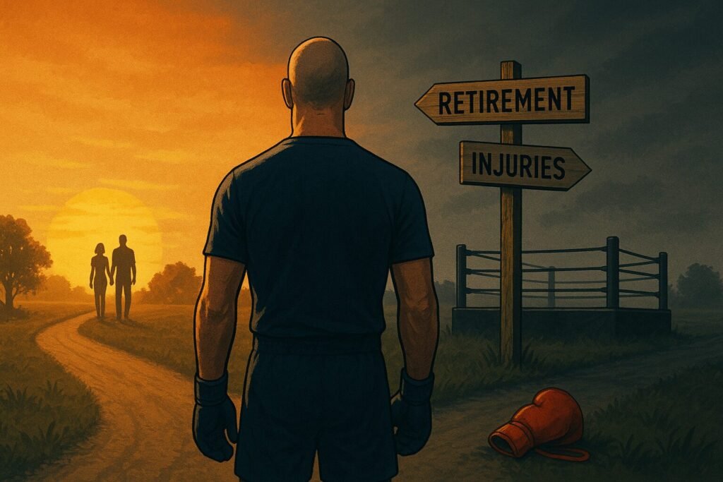 Oleksandr Usyk stands at a crossroads at sunset, choosing between two paths — one toward family and peace, the other toward a dark boxing ring and injury, symbolising his retirement decision.