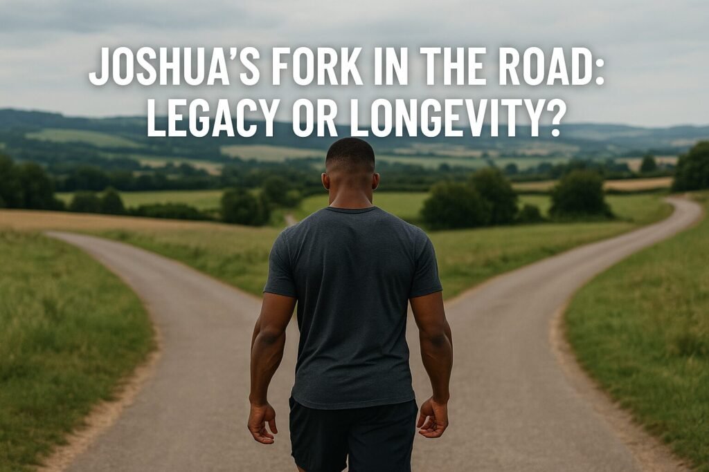 A boxer resembling Anthony Joshua walks down a country road towards a crossroads, symbolising a career decision between legacy and longevity, under the headline “Joshua’s Fork in the Road: Legacy or Longevity?”.