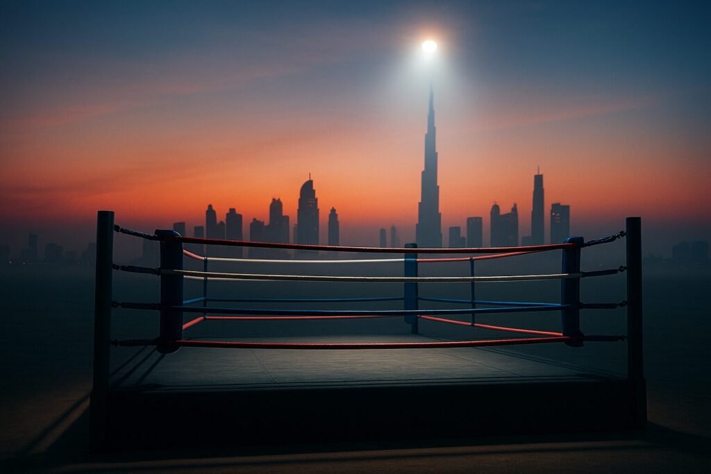 A cinematic boxing ring under soft blue and red lights at sunset with the Dubai skyline glowing in the background, symbolising Kell Brook’s tribute comeback for Ricky Hatton.