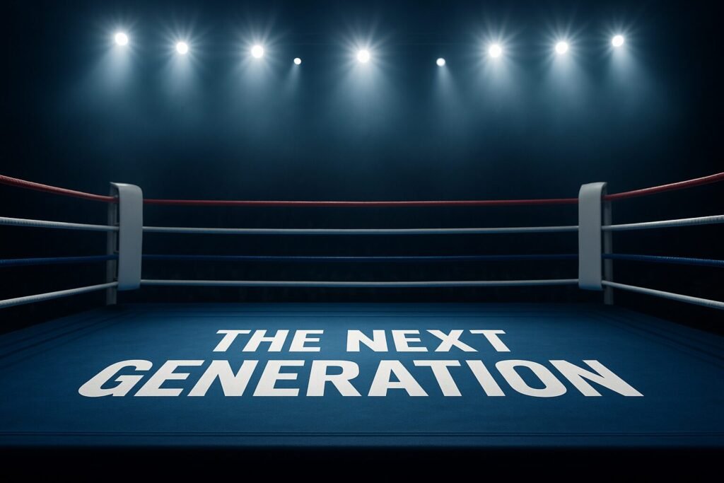 A dimly lit boxing ring under bright arena lights with “The Next Generation” written across the blue canvas, symbolising the rise of boxing’s new generation.