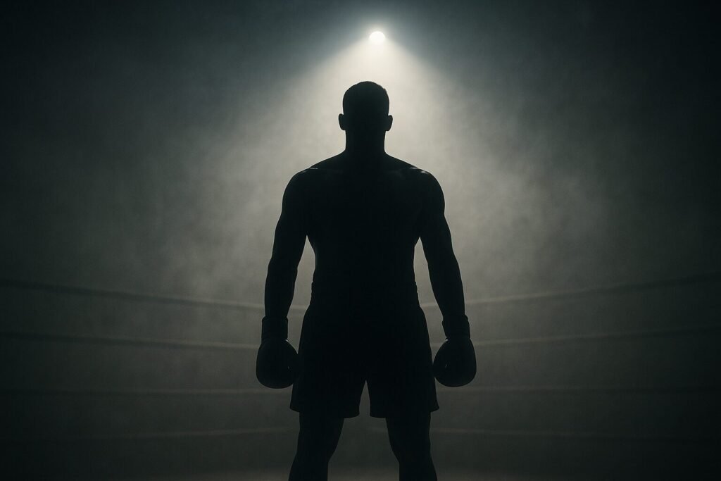 A cinematic landscape photograph showing the silhouette of a boxer standing tall in a misty boxing ring under a single spotlight, symbolising resilience and comeback.