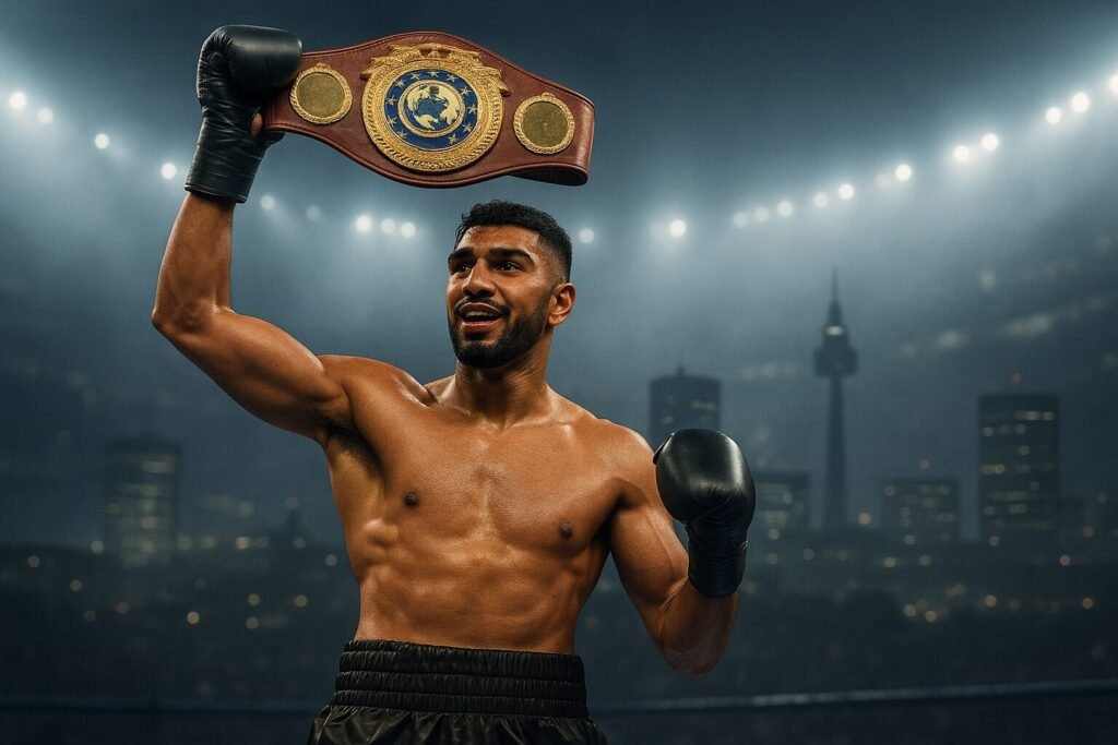 A cinematic landscape of a victorious boxer holding a European-style championship belt aloft in a misty arena, with the Birmingham skyline glowing softly in the background — symbolising triumph, ambition, and the atmosphere of a major boxing night.